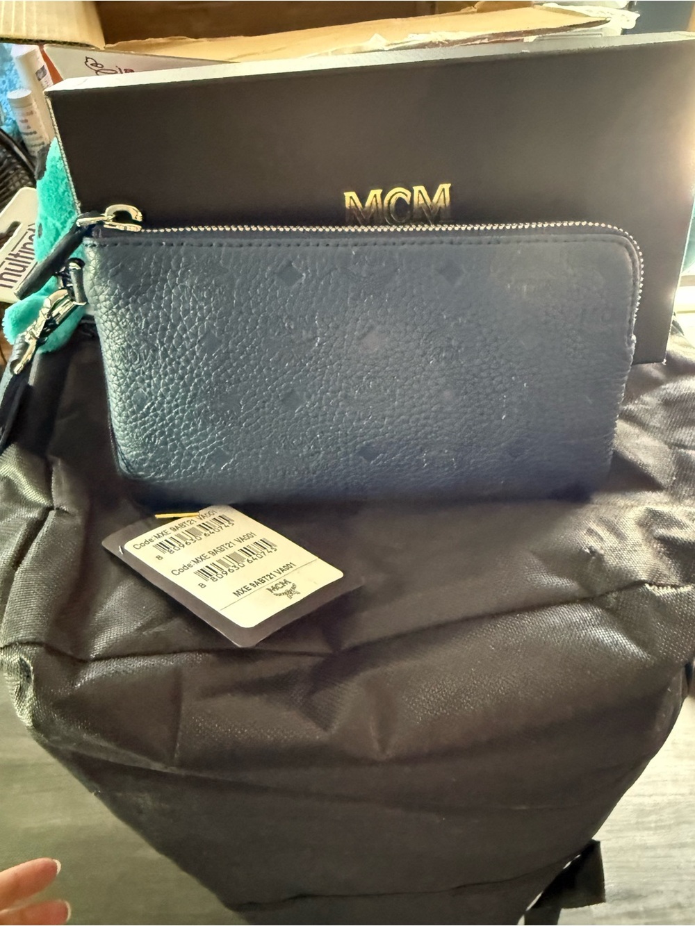 MCM Navy Textured Leather Zip Wristlet